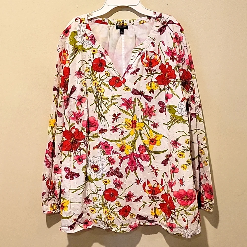 ❤️ TALBOTS COTTON FLORAL DRAGONFLY PRINT SPLIT NECK TOP, LARGE - Picture 1 of 7